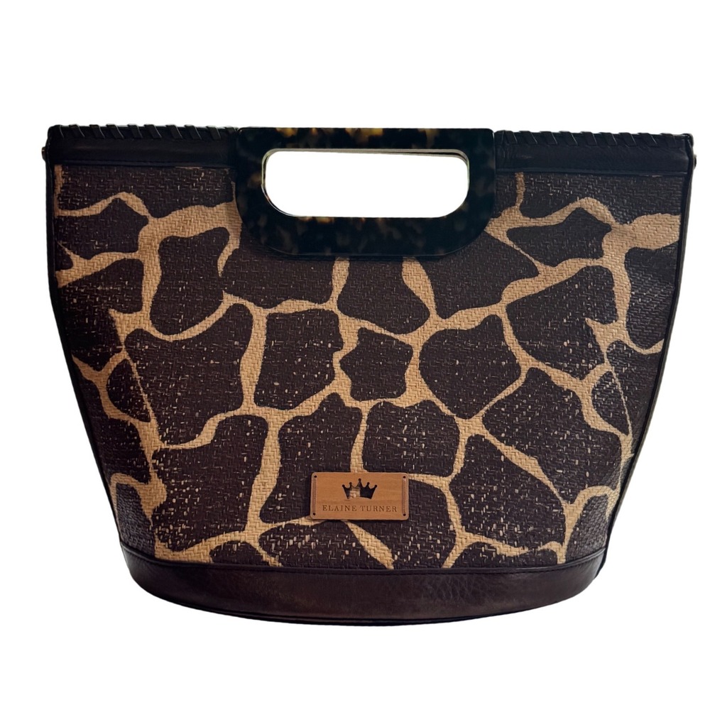 Elaine Y2K Coastal Chic Giraffe Gabby Tortoise Shell Handle Raffia Leather Tote